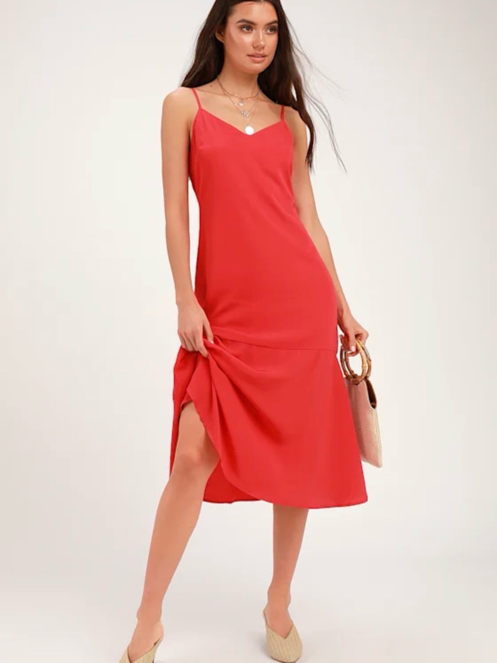 Lulu's Bright Red Midi Slip Dress with Spaghetti Straps